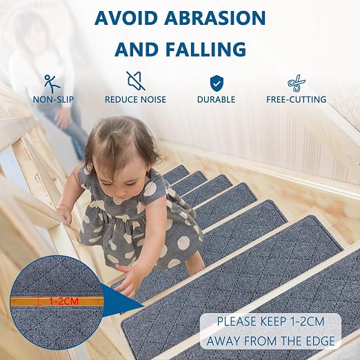 Stair Treads for Wooden Steps, 15 Pack 9" X 30" Non Slip Carpet Stair Treads Indoor with Reusable Adhesive for Elders and Dogs, Pet Friendly Polyester TPR Backing Stair Runner