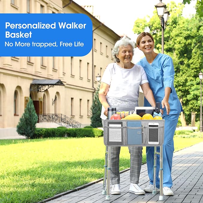 Dotday Upgraded Walker Basket with Cup Holder, Foldable Walker Bag | Basket for Walker for Senior, Walker Accessories for Folding Walker, Large Capacity, Never Tipping Over, Not Fit for Rollator