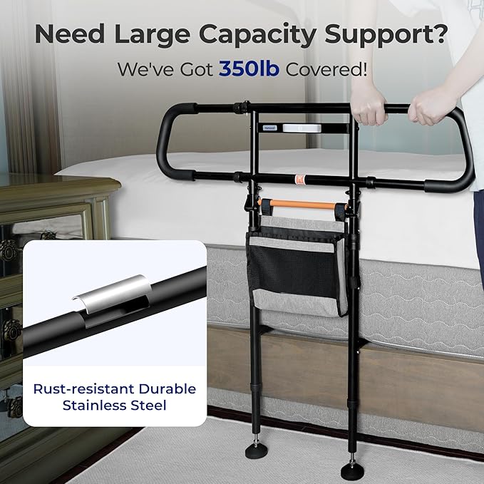 C5 Pro Bed Rails for Elderly Adults Safety - Foldable Bed Assist Rail with Adjustable Height, Bed Cane with Non-Slip Wider Handrail, Motion Sensor Light Fits King Queen Twin Beds