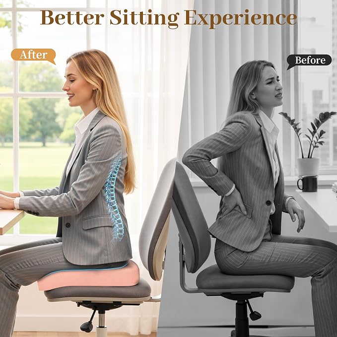 TranquilRelax 2XL Memory Foam Seat Cushion for Office Chair, 3.7-Inch, Pink | Medium-firm Support for Long Sitting, Washable Mesh Cover, Non-slip Base, Perfect for Car Seats & Short Drivers