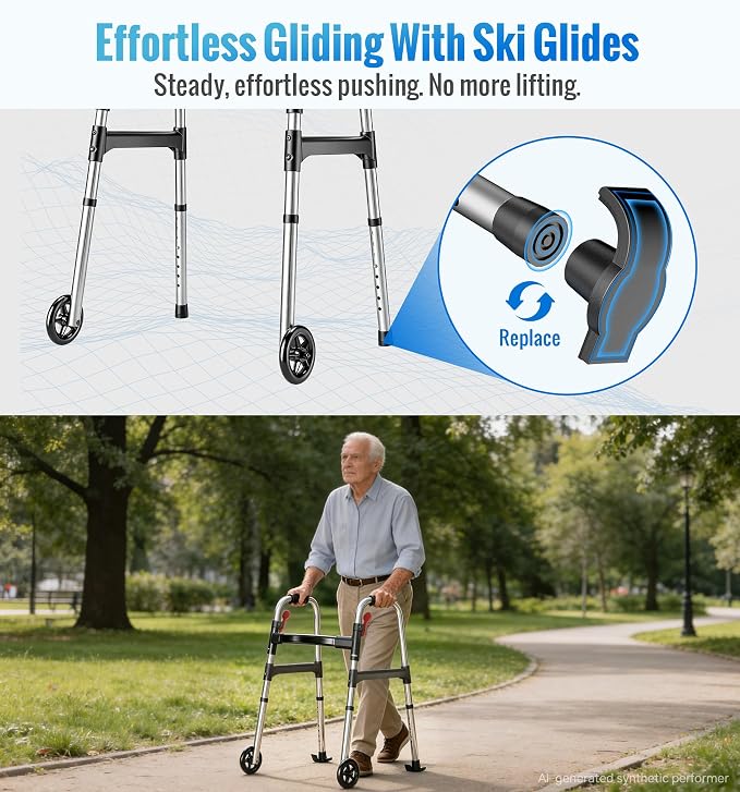 Walkers for Seniors, One-Hand Folding, 8 Height Adjustments, Walkers with Wheels, 2 Skis and 5" Wheels, Lightweight Walker for Seniors, Standard Walkers for Seniors, Aluminum Frame, Silver