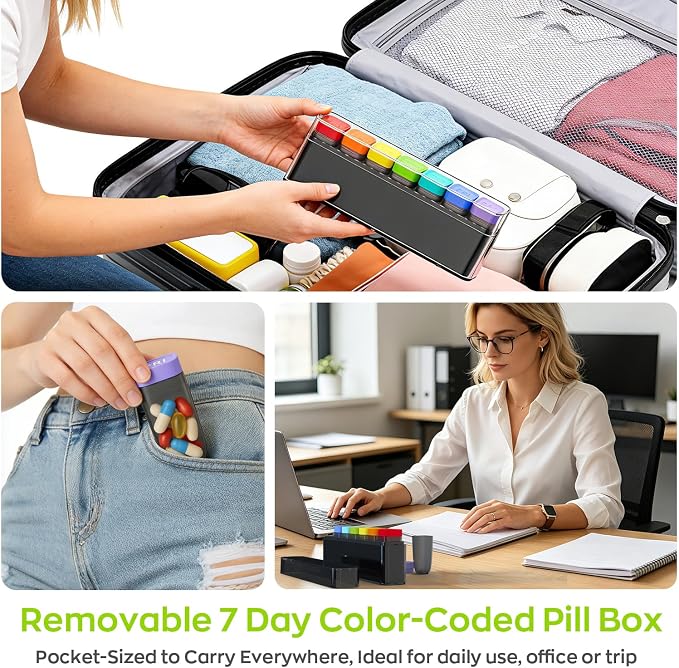 HIONXMGA Weekly Pill Organizer, Detachable 7-Color Pill Box, Easy Tracking | Portable Travel Pill Case Container for Daily Vitamin Supplement Fish Oil, Silicone-Seal, Lasting Labels, Quick Fill (Black)