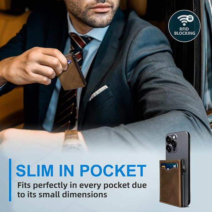 Wallet for Men,with Cash Pocket 2 ID Window 9-13 Cards,Metal Case Smart Slim Pop Up Credit Card Holder Flip with Magnetic Closure RFID Blocking Trifold wallet with Gift Box