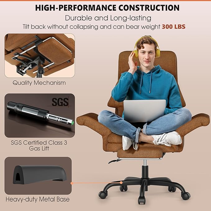 ELABEST C39 Cross Legged Office Chair with Footrest & Convertible Armrests-Pet-Friendly Criss Cross Home Desk Chair, Ergonomic Recliner with Lumbar Pillow,Big and Tall Executive Chair