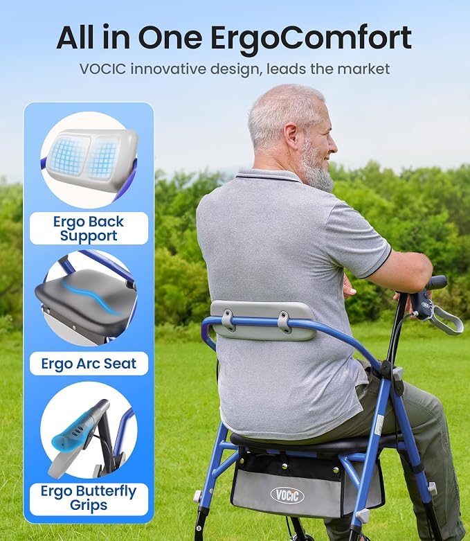 VOCIC Z11 Rollator Walker for Seniors with Seat, 380 LBS | Lightweight Design with Ergo Seat & Backrest, Height Adjustable & Easily Foldable for Seniors' Mobility, Blue