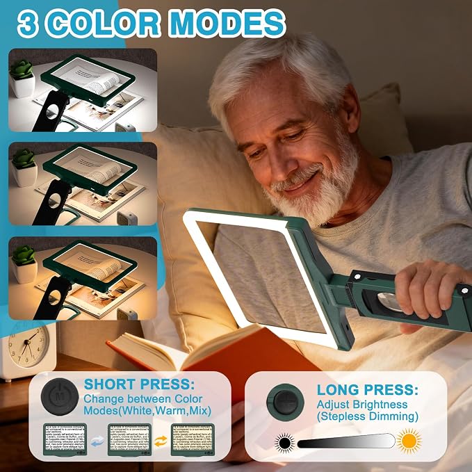 30X 6X Rechargeable Magnifying Glass for Reading, Large Full Page Magnifier with Folding Stand, 3 Color Light Modes, Dimmable LED Lighted, Hands Free Book Magnifier for Low Vision Seniors, Green-Black