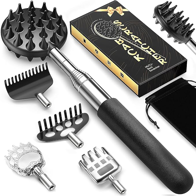 Telescoping Back Scratcher with 5 Detachable Heads, Gift for Men Black | 10-30" Reach, Stainless Steel Pole, Rubber Grip, Christmas Stocking Stuffers, White Elephant, Anniversary and Birthday Gift