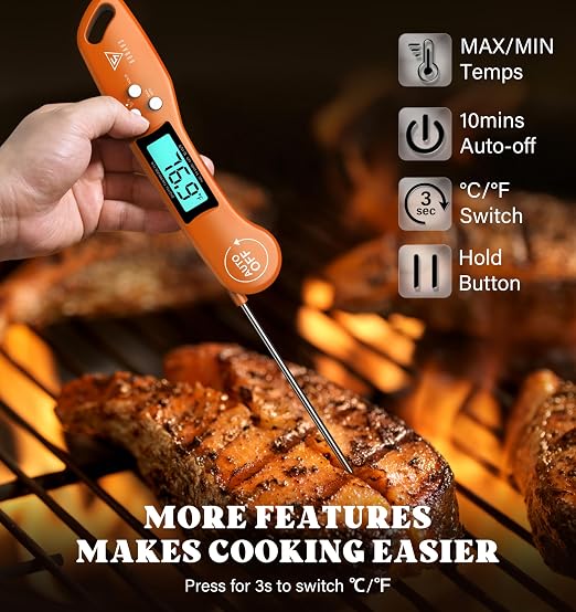 DOQAUS Digital Meat Thermometer, Instant Read Food Thermometer for Cooking | Backlit & Auto-Rotating Display, 4.6” Probe Perfect for Grilling, Baking, and BBQ Gift for Dad Men - Orange