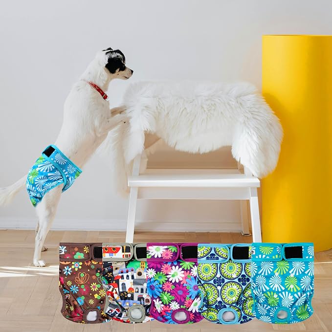 Tuiskusa Reusable Washable Dog Diapers Female, Highly Absorbent Doggie Diapers, Size Adjustable Puppy Diapers for Dog Period Panties(5 Pack)