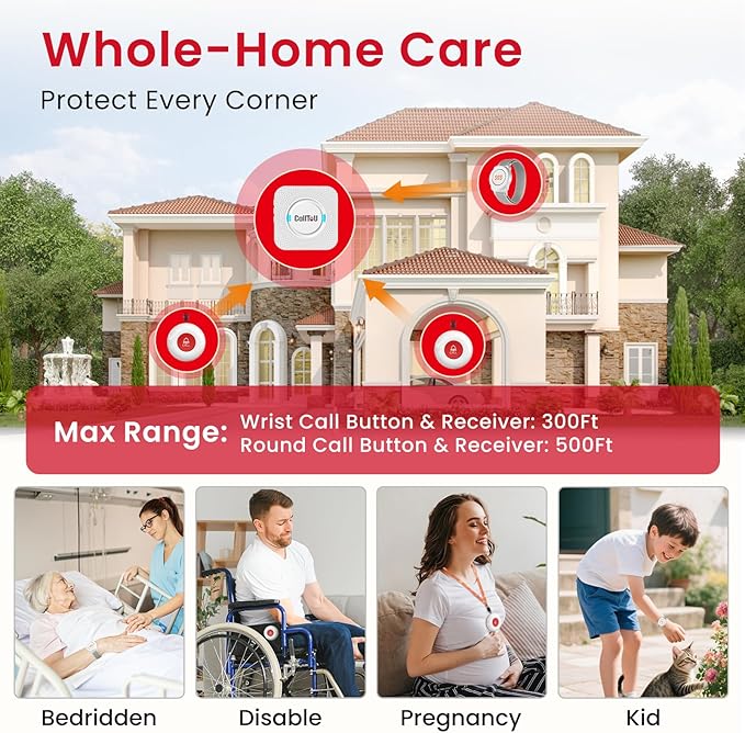 CallToU Caregiver Pager Wireless Call Button Nurse Alert System 500+ Feet for Home/Elderly/Patient/Disabled 1 Plugin Receiver 1 Waterproof Transmitter 1 Watch Transmitter