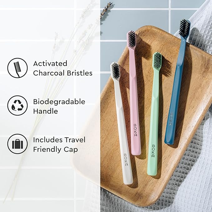 Boka Classic Manual Toothbrush with Extra Soft Activated-Charcoal, Tapered Bristles, Bioplastic Handle That Includes Travel Cap, Dentist-Approved, Great for Adults and Kids, Blue (Pack of 1)