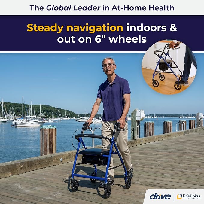Drive Medical Aluminum Rollator Walker, Padded Seat, 6-Inch Wheels, Blue | Aluminum Rollator Walker Folds Up with 6 Inch Wheels for Indoor and Outdoor Mobility and Everyday Ease Daily
