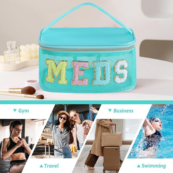 Medicine Bag, Portable Meds Bag with Chenille Letters, Breathable Mesh Makeup Bag Organizer for Travel, Pill Storage & Cosmetic Collection
