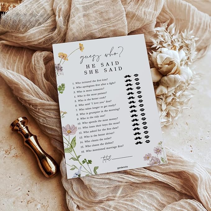 GardenCity Bridal Shower Games, He Said She Said Bridal Shower Game for 50 Guests, 50 Cards, Wildflower