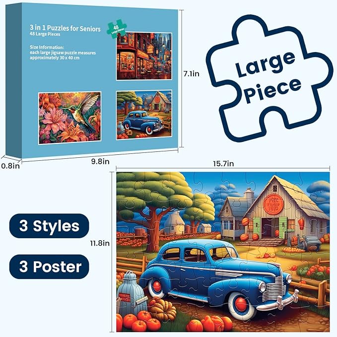 3 Pack 48 Large Piece Puzzle for Seniors Puzzles Dementia Alzheimer's Products and Activities for Elderly Large Piece Puzzles Alzheimer's Easy Puzzles Gift Memory Games for Patients, 3 Storage Bag