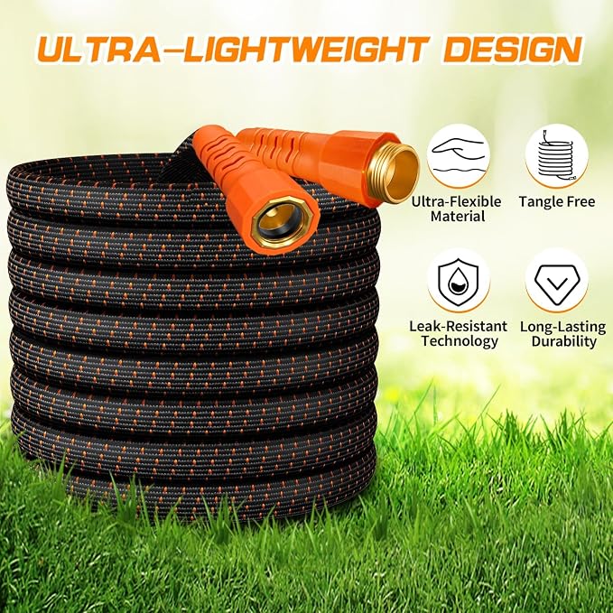 30FT Flexible Garden Hose & 10Modes Nozzle,Lightweight Water Hose,Kink-Free,All-Weather 3/4 in. Hose for RV,Boat,Car Wash,Garden,Yard,Camper,Outdoor NoneExpanding (Orange-Black, 30 Feet)