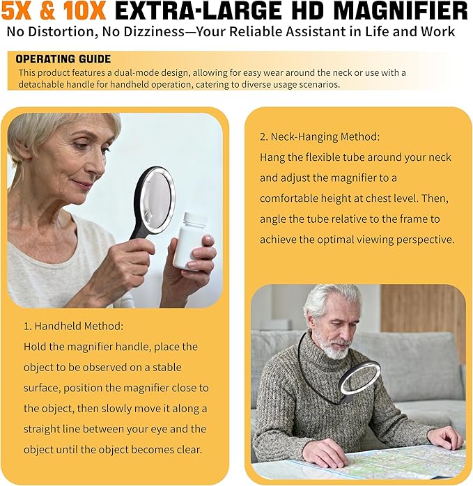 Hands Free Magnifying Glass with Light for Close Work, Neck Wear Magnifier for Reading Books, Sewing, Cross Stitch, Low Vision Seniors with Aging Eyes,5 Inch 5X & 10X Lighted Magnifying Glass