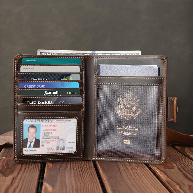 Polare Luxury RFID Blocking Leather Passport Holder Travel Wallet For Men and Women (Dark Brown with AirTag Slot(Snap Version))
