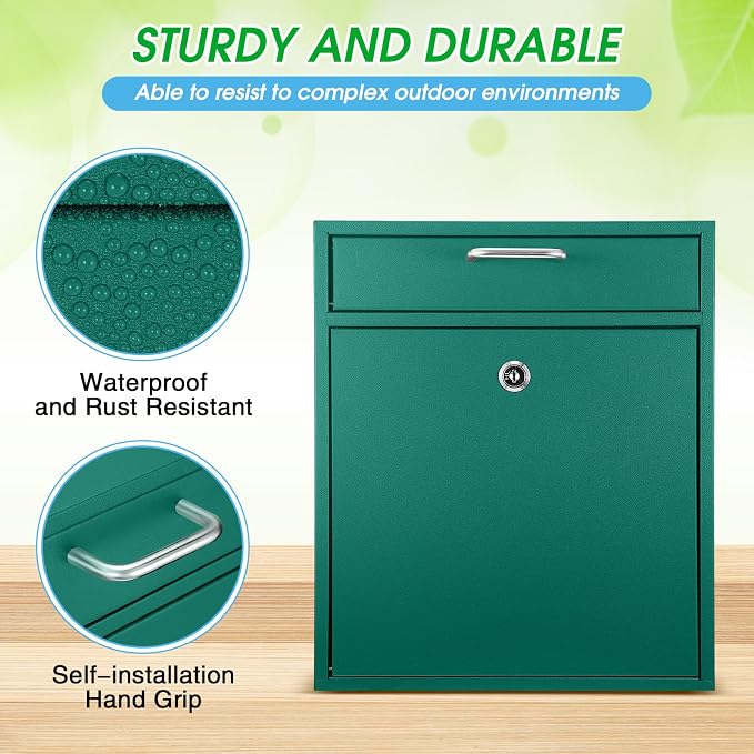 Yaocom Locking Mailbox with Key for Outdoor 12 x 10.5 x 4.7 Inches Large Wall Mount Mail Box with Lock Security Mail Drop Metal Collection Boxes Hanging Secure Postbox(Green)