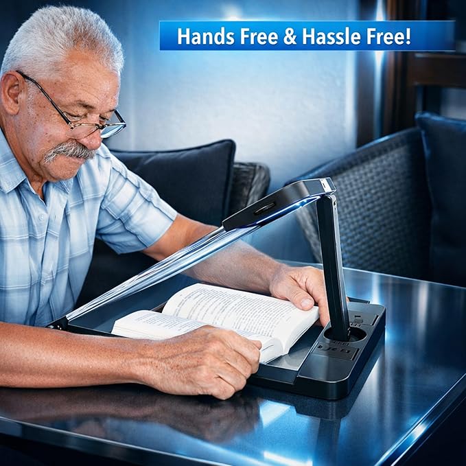 MAGNIPROS LED Page Magnifier with Stand – Full Page Lighted Magnifying Glass for Reading Small Print, Foldable & Adjustable Stand, Portable Magnifier Reduces Eye Strain for Seniors