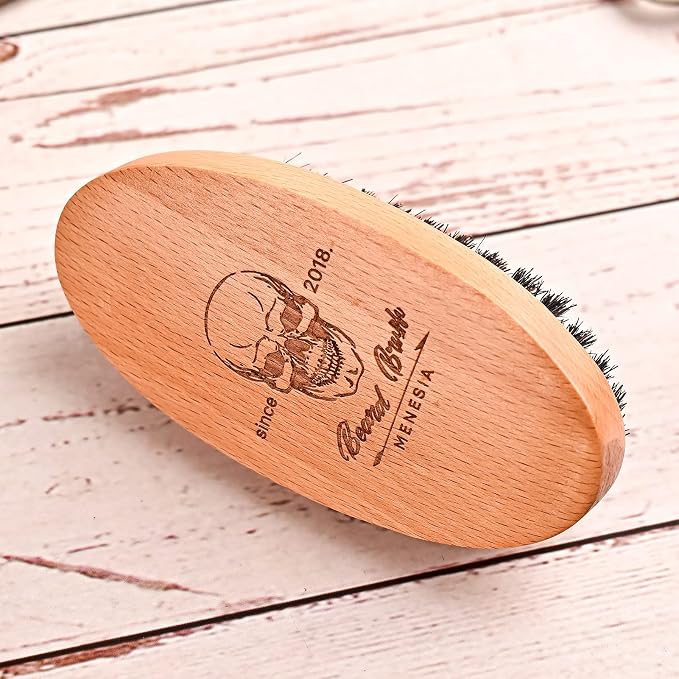 Soft Boar Bristle Beard Brush for Men | Soft & Smoothing Boar Bristles, Skull Print, Small Pocket Travel Size