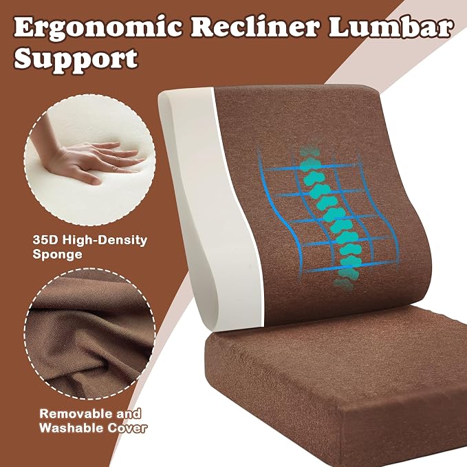 2-in-1 Recliner Cushions for Elderly Egg Crate Foam Seat Cushion and Ergonomic Back Support Pillow Non-Slip Recliner Cushions for Long Sitting Reduces Muscle Fatigue, Brown