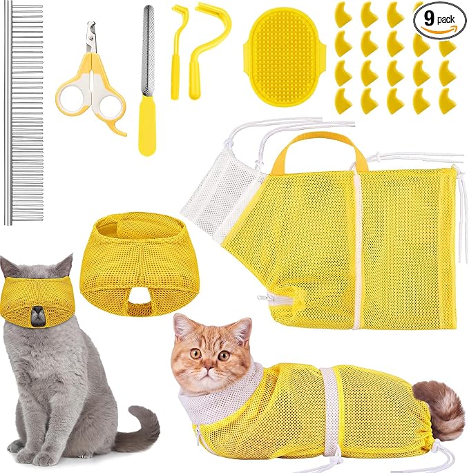9 Pcs Cat Bathing Bag Set Cat Shower Bag Anti Bite and Scratch for Pet Grooming Washing Brush Comb Muzzle Nail Clipper Nail File Tick Tool (Yellow)