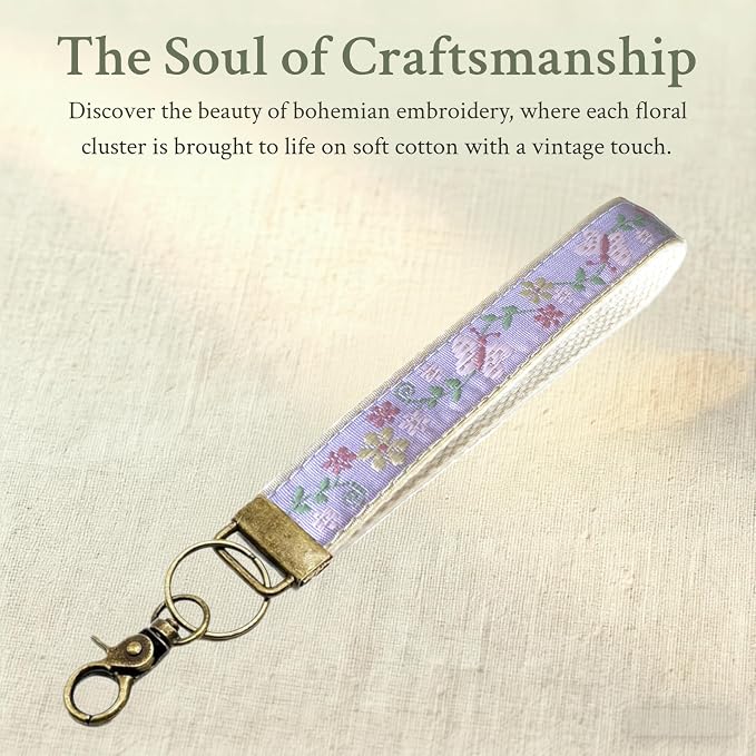 Boho Vintage Embroidered Floral plant Wristlet Keychain for Women | Cute Lanyard&Antique Brass Clasp, Lightweight Hands-Free Key Holder for keys,purses,handbags and daily outdoor use for ladies