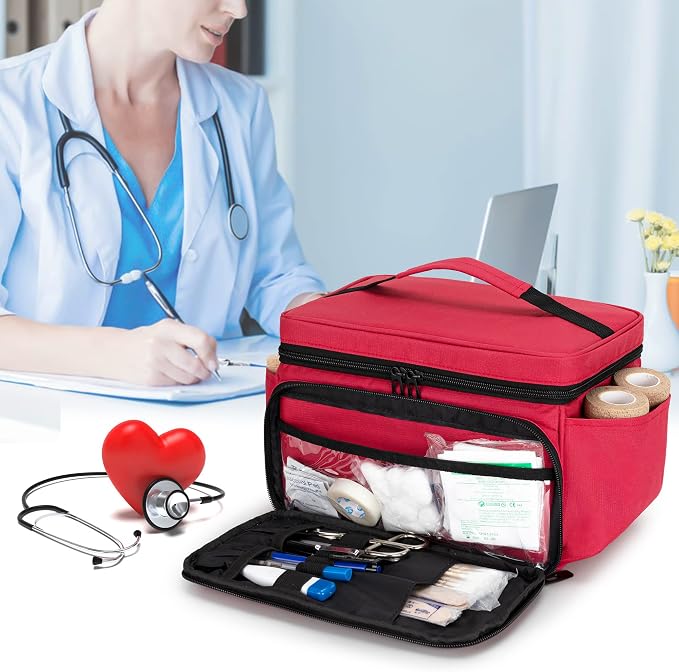 CURMIO Small Medicine Storage Bag, Empty Family First Aid Kits Case, Red | Emergency Medical Supplies for Home Care, Pill Bottle Organizer, Multifunctional Bag for Medical Use, Dormitory, Travel
