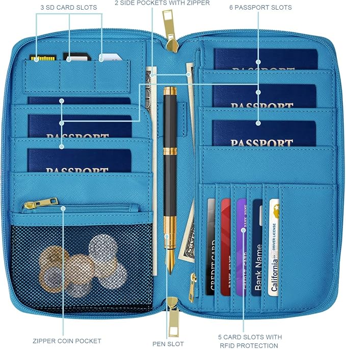 Family Passport Holder Wallet RFID Blocking Document Organizer | PU Leather Mulit-purpose Travel Wallet Credit Cards Case for Women Men, Blue Marble