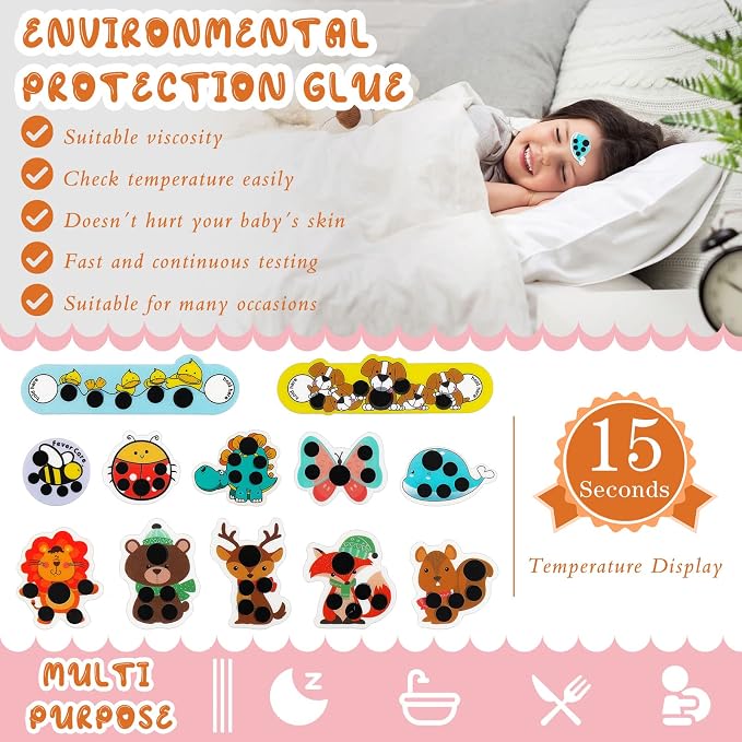 Weewooday 12 Pcs Stick-on Fever Stickers Forehead Temperature Monitoring Patch Cartoon Stickers Thermometer Strips for Kids