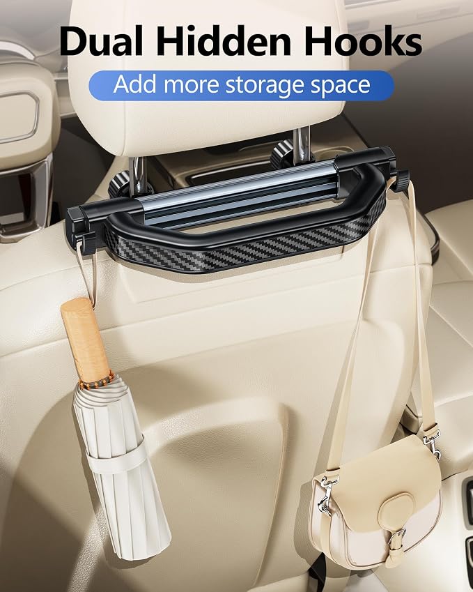 Car Assist Handle for Elderly Pregnant Women Kids - Headrest Mount | Ergonomic Grap Handle, Quality ABS, 2 Storage Hooks, Stable Bolt-Lock System, Broad Compatibility, Easy Installation
