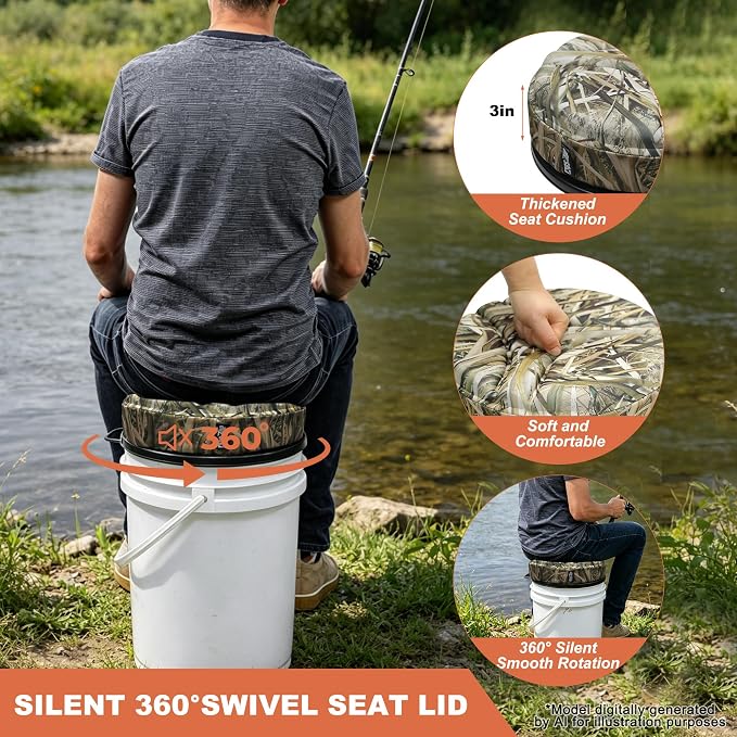 MDSTOP 5 Gallon Bucket Seat with 3" Thick Seat Foam Cushion, Waterproof 360°Swivel Bucket Lid Seat, Silent Bucket Seats for Duck Dove Hunting, Ice Fishing, Baseball, Camping, Gardening