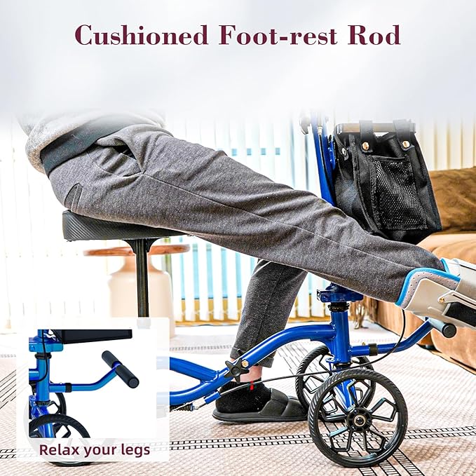Lightweight Knee Scooter Crutch Alternative, Foldable & Adjustable Knee Scooter for Adults for Foot Surgery, Steerable Knee Walker with Detachable Storage Basket, Includes DIY Stickers-Blue
