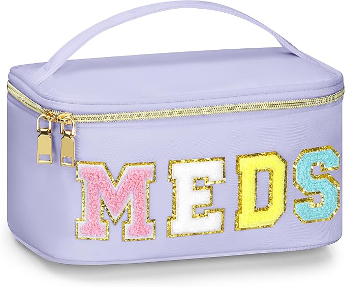 BuyCard Medicines Chenille Letter Bag Nylon Meds Makeup Pouch Preppy Path with Zipper and Handle Cosmetic Toiletry Storage Purse for Women Purple