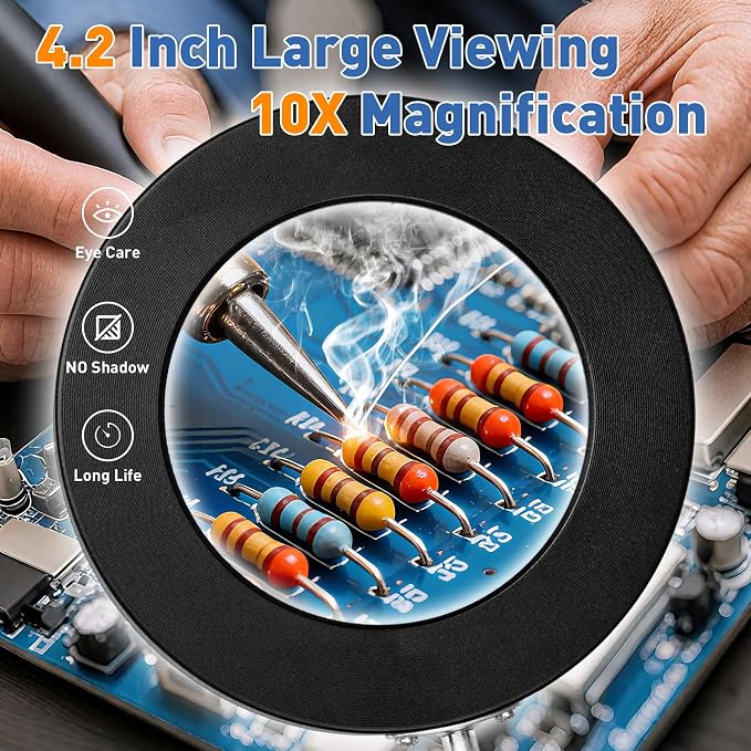 HITTI 10X Magnifying Glass with Light, 1800 Lumens Stepless Dimmable, 3 Color Modes, 4.2″ Real Glass Lens LED Lamp Square Base & Clamp, Magnifier Light and Stand for Panting, Puzzle, Close Work