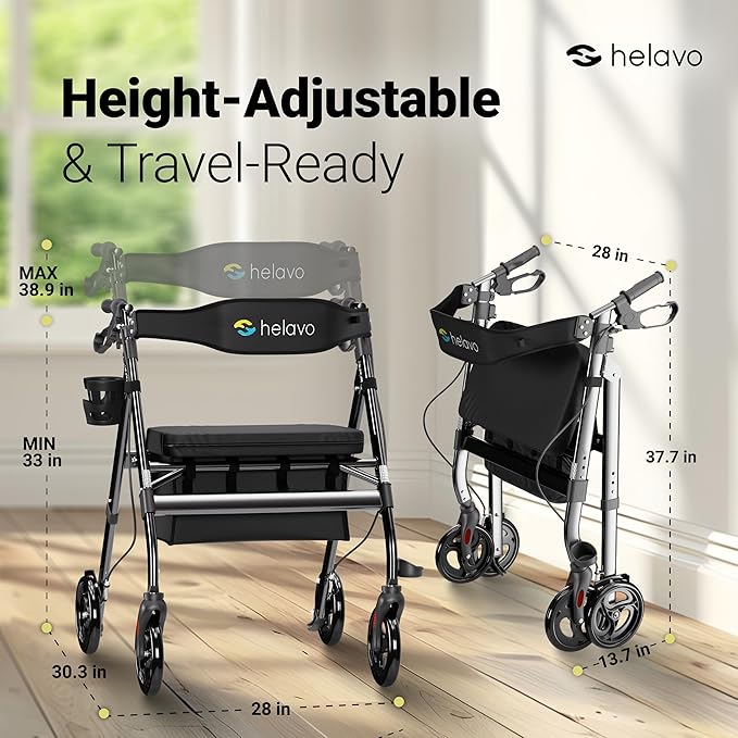 Helavo Bariatric Walker with Large, Height-Adjustable Seat, 500 lbs Weight Capacity, All Terrain 8-inch Wheels, 28-inch Wide - Extra Wide Heavy Duty Rollator for Seniors