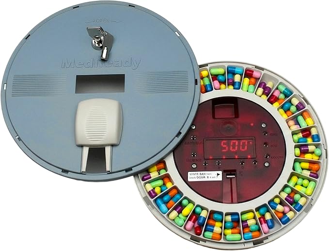 Automatic Pill Dispenser — Basic, Sound Alarm Only, 28-Day, Senior | Sound alarm, no subscription needed. 28 compartments, up to 9 pills each. Lock and key. 48-hr battery backup. Made in USA.