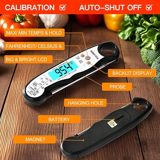 Instant Read Food Thermometer, White Waterproof Digital Meat Thermometer with 4.6" Folding Probe, Backlight & Calibration, 2-3s Fast Reading for Kitchen Baking Grilling Cooking - White