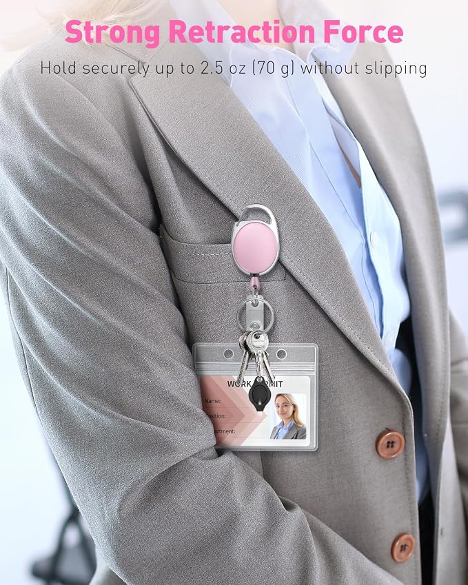 Uniclife 2 Pcs Retractable Badge Reel Keychain Clip for Badge Holder Pink | Heavy Duty, Stainless Steel Spring Coil, 24 Inch Nylon Rope, Carabiner Clip, Key Ring, Badge Holder Clip for Keys and ID Card
