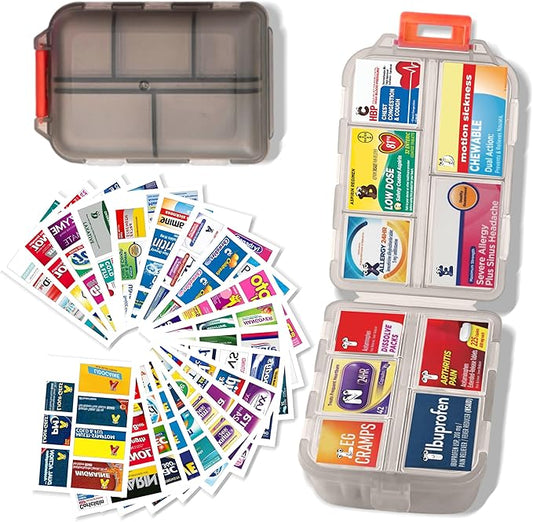Large Pill Organizer with Medicine Labels - 7 Day Travel Daily Container, Mini Medication Storage Case (Grey, 161 Labels)