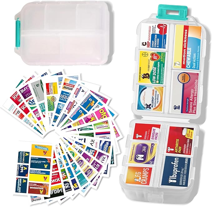 Large Pill Organizer with Medicine Labels - 7 Day Travel Daily Container, Mini Medication Storage Case (White, 161 Labels)