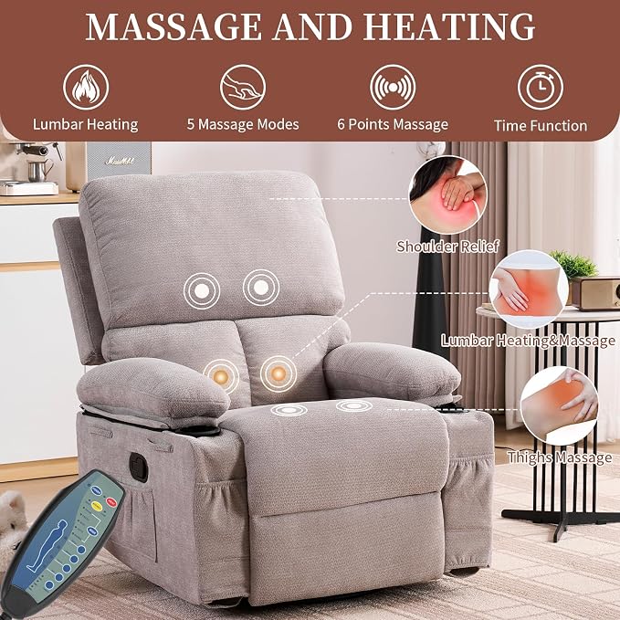 Recliner Chair for Adults, Swivel Rocker Recliner with Massage and Heat, Nursery Glider Recliner, Manual Reclining Chair with Cup Holder and Side Pocket, Rocking Chair for Bedroom, Gray