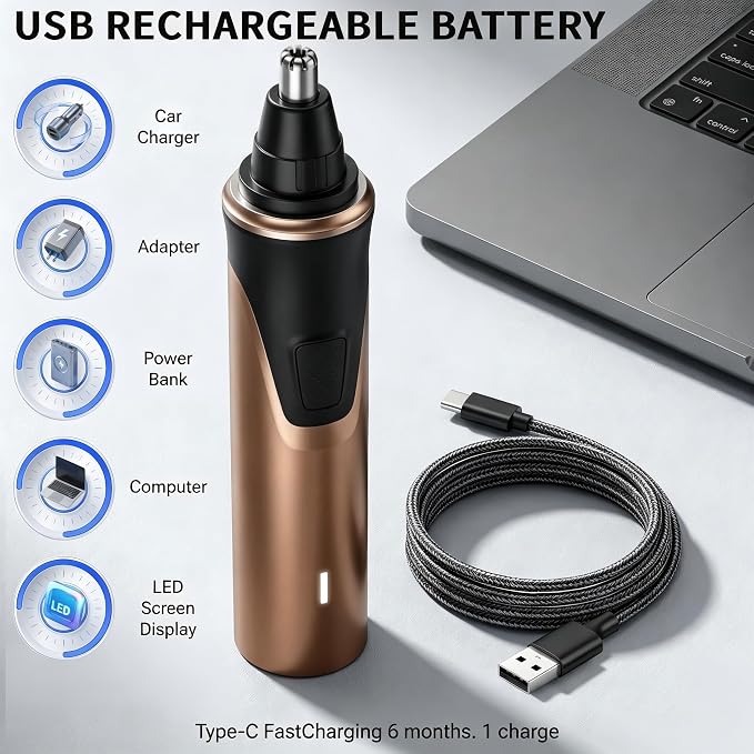 Electric Nose Hair Trimmer for Men, 2026 Professional 2 in 1 Painless Rechargeable Nose and Ear Hair Clipper, IPX7 Waterproof, Type-C Fast Charging, 6-Month Battery Life,Gifts for Father(Brown）