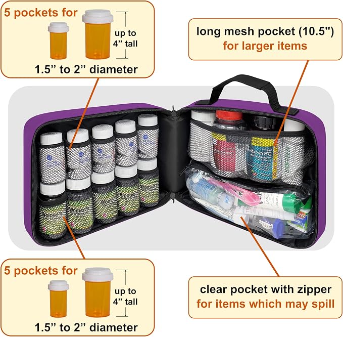 Large Medicine Organizer Bag – 10 Pocket Pill Bottle Organizer for Travel & Home Storage, Purple