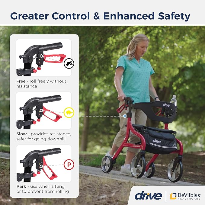 Drive Medical Nitro Sprint Rollator Walker with Seat, Petite Height, Red | Lightweight Rollator with Large Wheels Offers Short, Foldable Design for Seniors and Adults Every Day