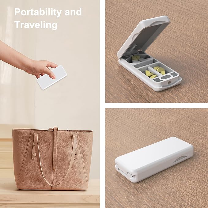 Pill Cutter with Auto Centering Device, Aluminum Pill Splitter with 316L Stainless Blade, Genuine Leather Case, Professional Pill Splitter for Cutting Small Pills or Large Pills(Plastic,White)