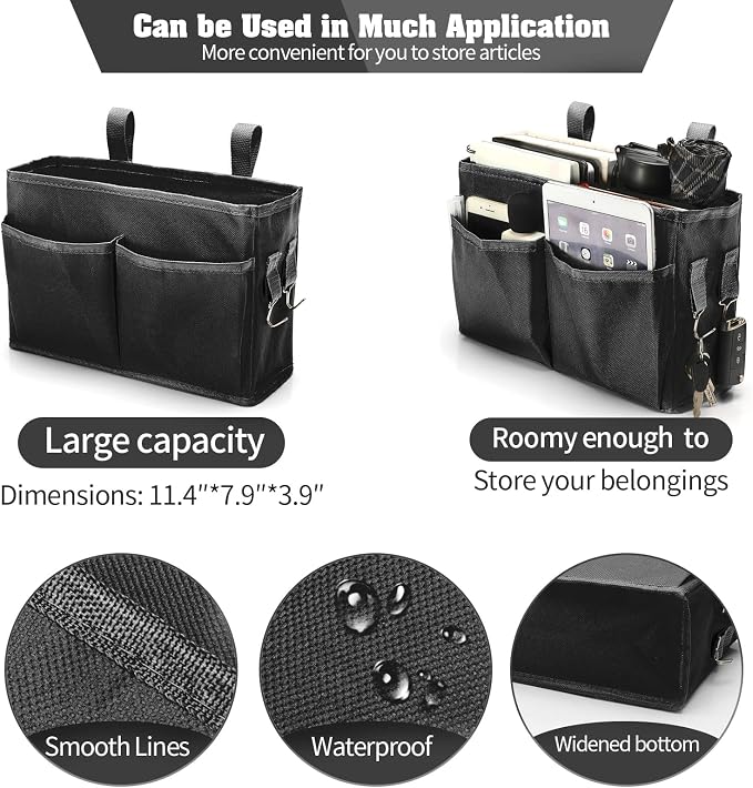 Bseash Bunk Bed Organizer, Bedside Caddy Hanging Bed Organizer Storage Bag with 4 Pockets and 2 Hooks, for College Dorm Rooms Bed, Hospital Bed, Baby Bed Rails, 600D Oxford Cloth (Black)