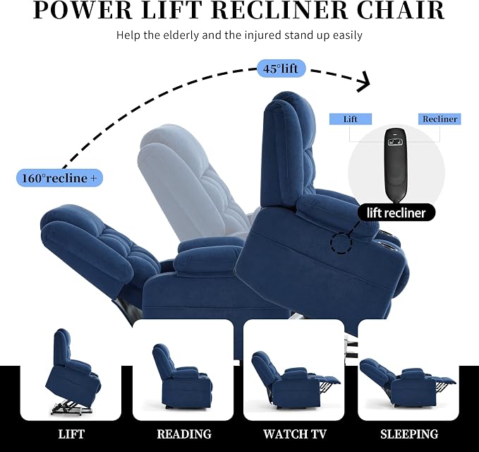 Power Lift Chair Recliners for Elderly with Heat and Massage, Recliner Chairs for Adults, Upgraded Fabric Recliner with USB & Type-C Charge Port, Cup Holders,Navy Blue,L9912