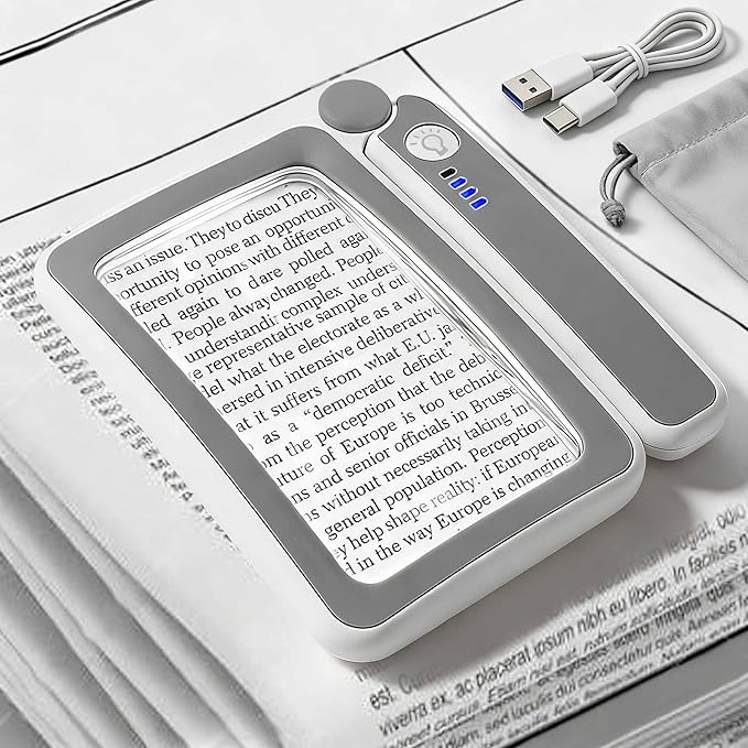 Rechargeable Magnifying Glass with Light, 5X Large Rectangular Page Magnifier, 12 Dimmable LEDs Folding Handheld Reading Magnifier for Seniors ＆ Low Vision